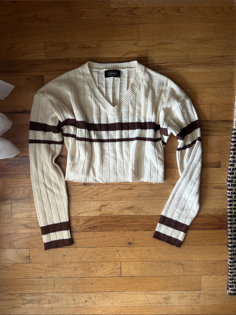 Cider Cropped Ribbed V-Neck Sweater in Cream with Brown Stripes